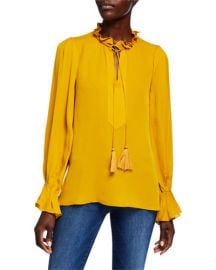 Cara Tassel-Tie Long-Sleeve Silk Blouse at Neiman Marcus